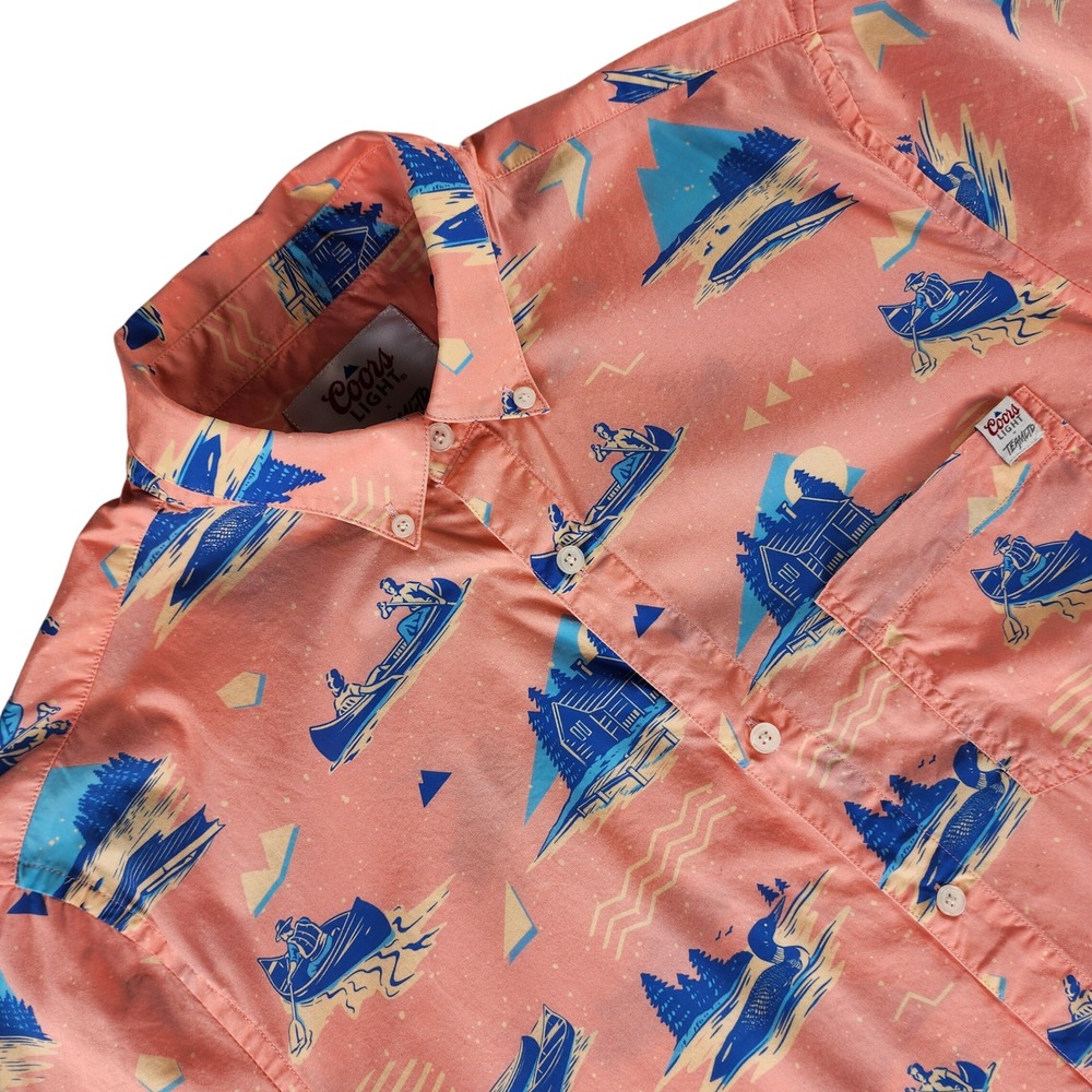 Coors Light Team LTD Lake Life Canoe Cabin Print Shirt Mens L 100% cotton